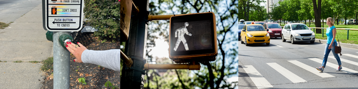 three images showing pedestrian crosswalk signal, pushing the crosswalk button, and a person crossing the street safely